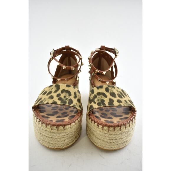 Valentino Rockstud Leopard Black Ankle Strap Platform Espadrille Wedge Sandal 38 - Picture 6 of 11